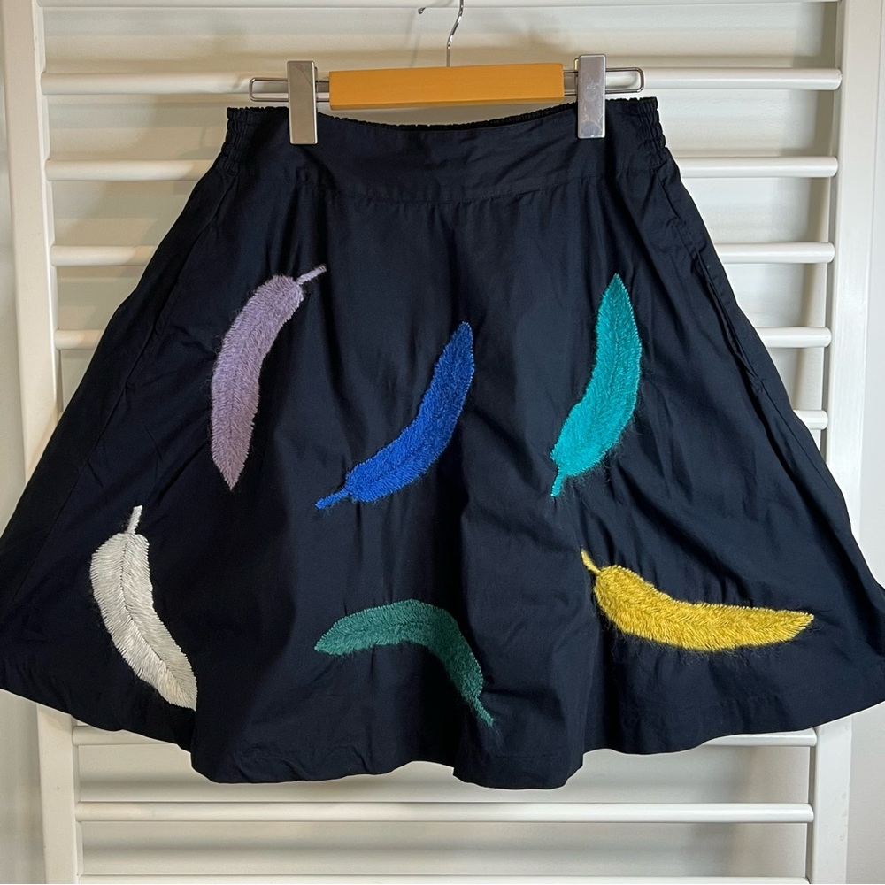 Anthropologie Girls from Savoy Colourful Feather Plumes Embroidered Skirt, Small